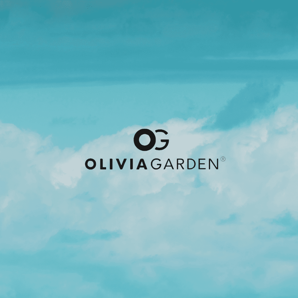 Logo "Olivia Garden" against a blue sky with clouds background.